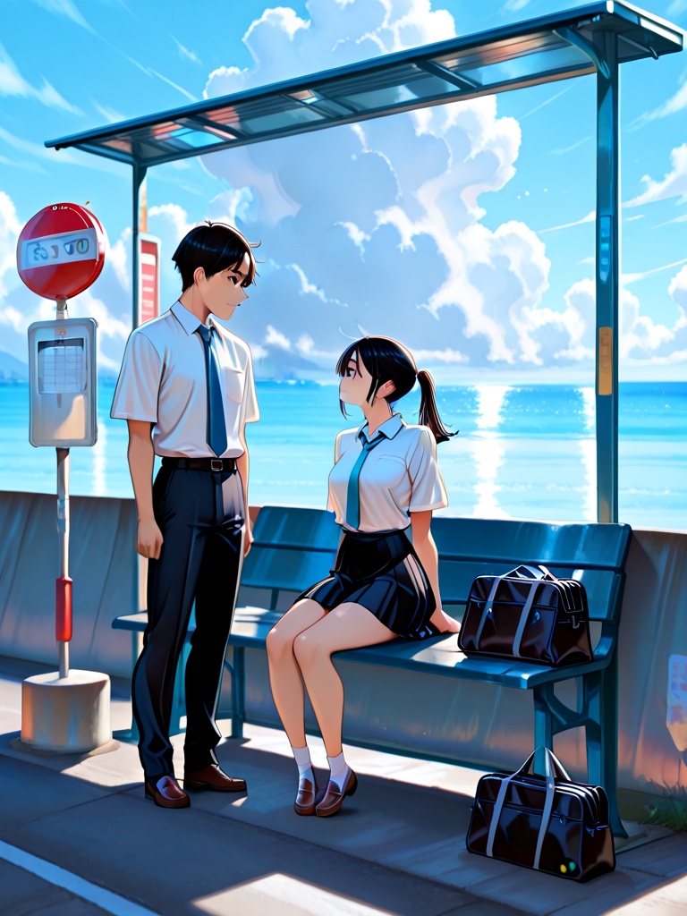 bus stop,  seawall,  1girl on Tensor.Art