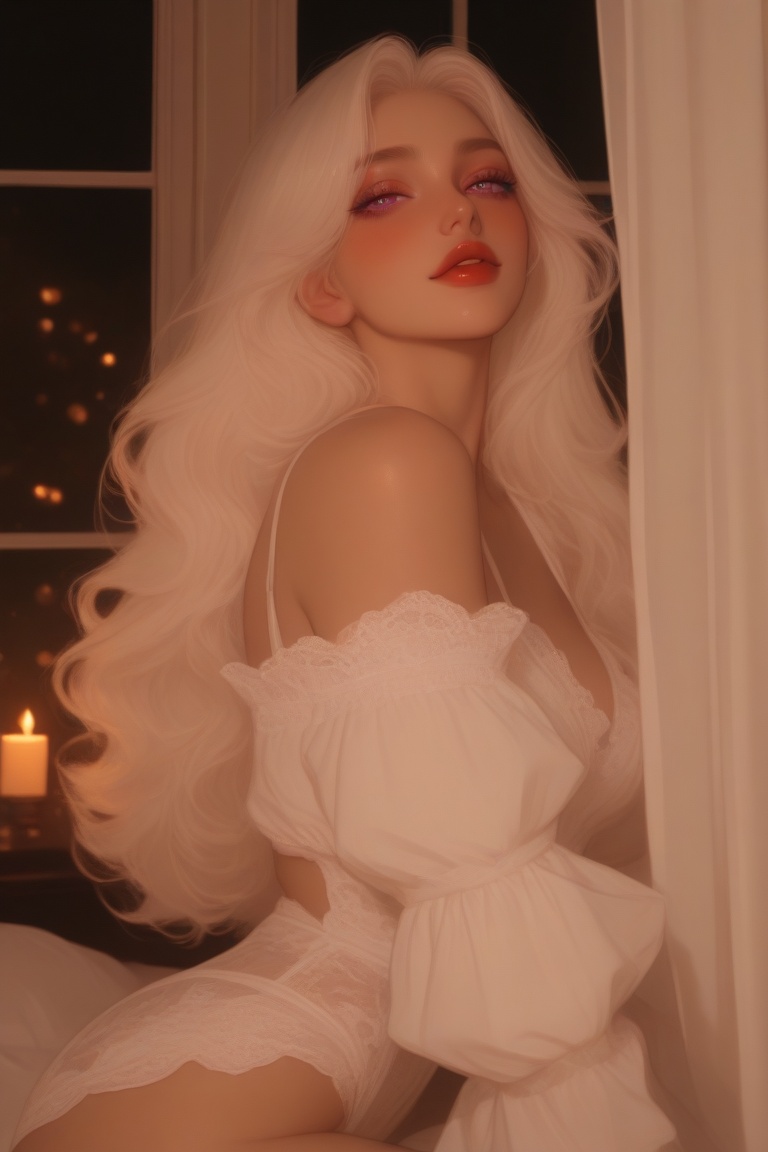 girl with long wavy platinum blonde hair,  large purple eyes,  glossy red lips on Tensor.Art