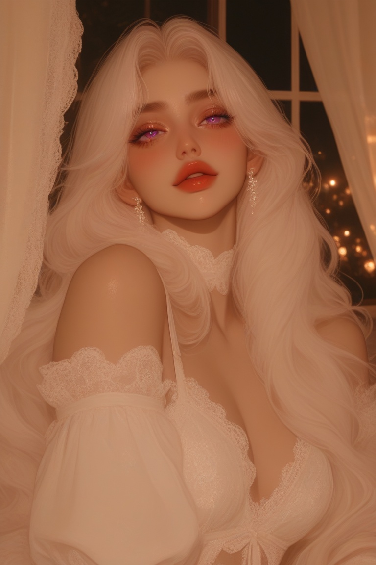 girl with long wavy platinum blonde hair,  large purple eyes,  glossy red lips on Tensor.Art