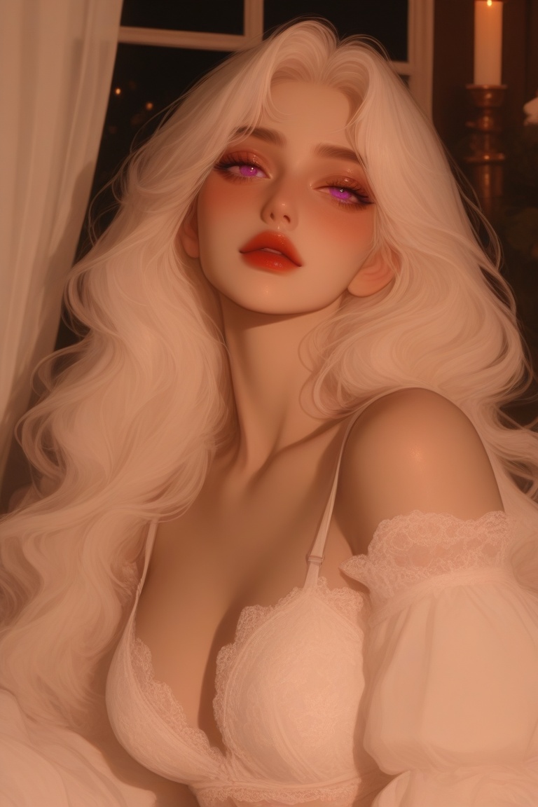 girl with long wavy platinum blonde hair,  large purple eyes,  glossy red lips on Tensor.Art
