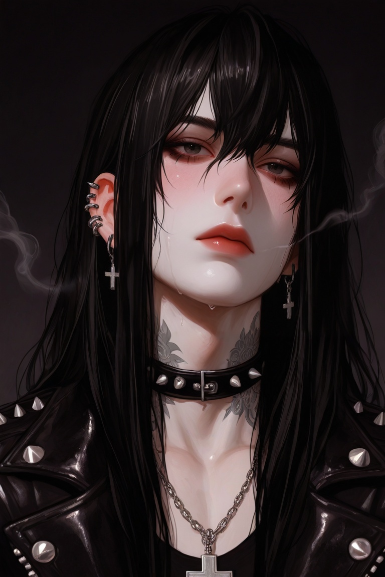 Portrait of a young male with pale skin,  (((long black hair: 2))),  intense gaze on Tensor.Art