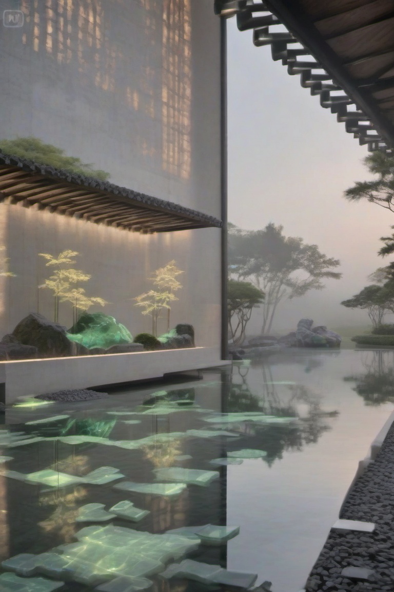 The image depicts a modern architectural setting with a serene garden scene displayed on a large screen in the background....