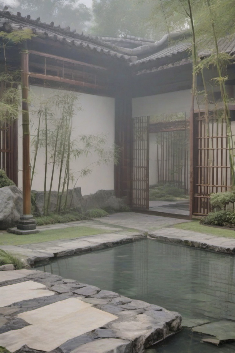 The image depicts a serene and traditional Asian garden setting. On the left side there is a wooden structure with vertica...