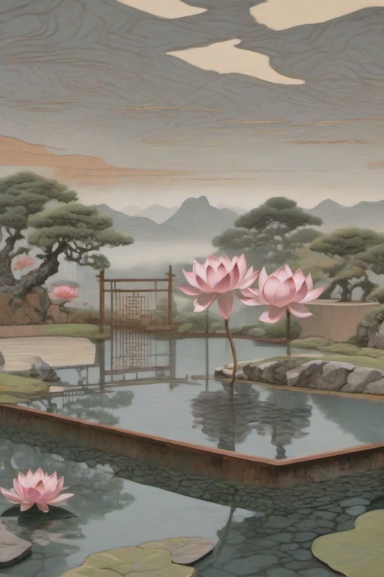 The image depicts a serene garden scene with a traditional Asian architectural style. In the foreground there is a tranqui...