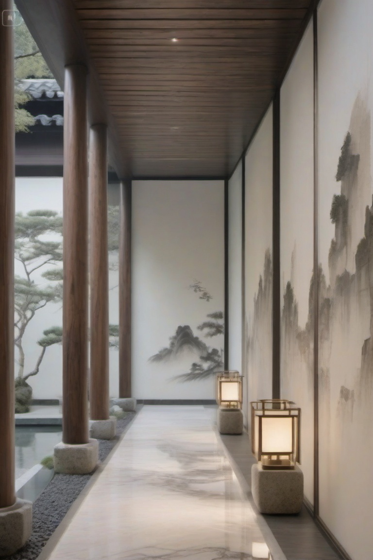 The image depicts a modern architectural corridor with a sleek minimalist design. The corridor features a polished marble...