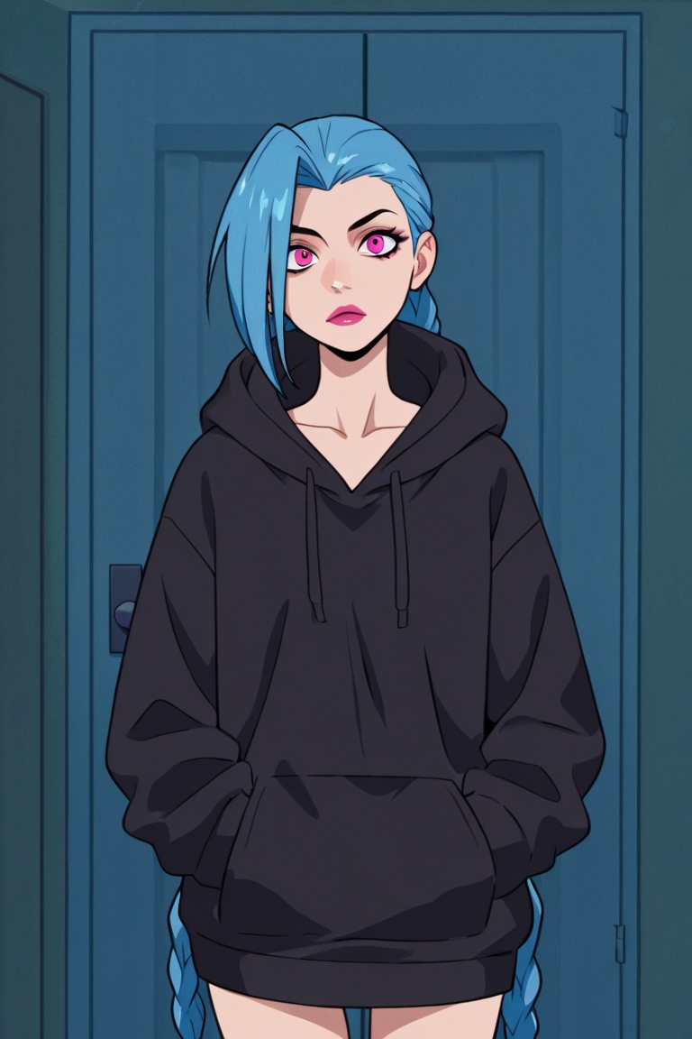jinx,  wearing a a black hoodie chilling at her room,  front view on Tensor.Art