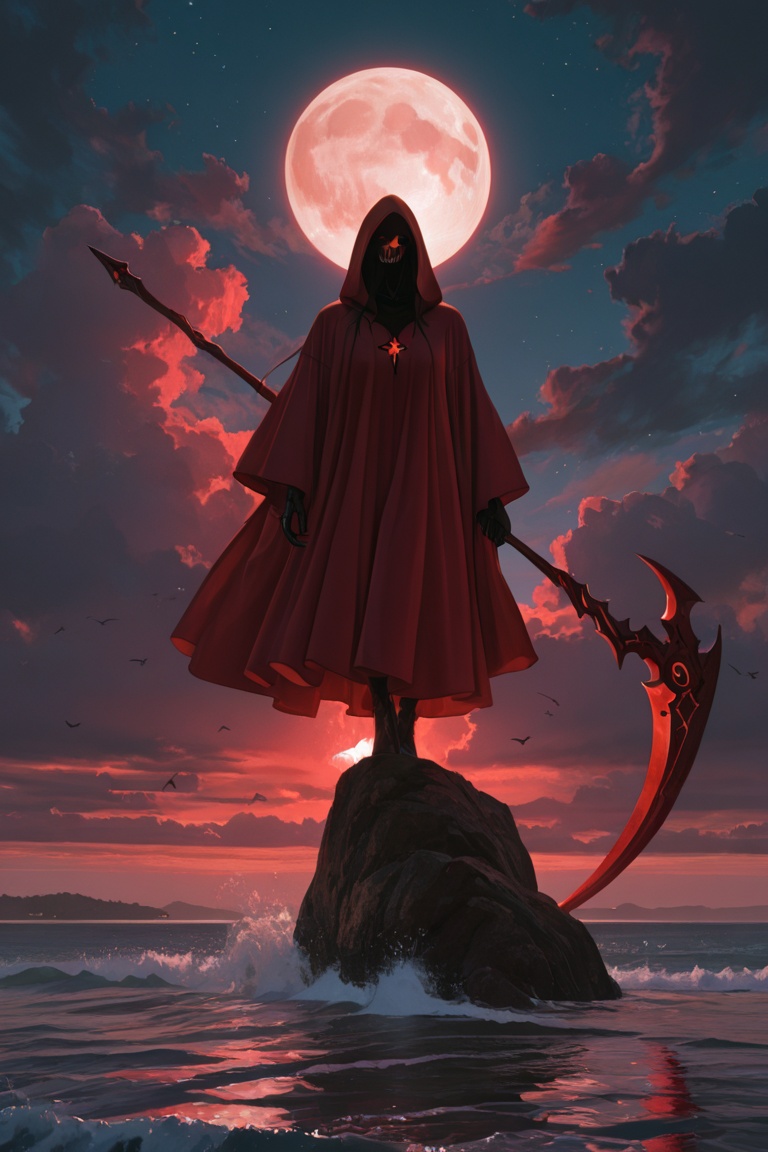A grim reaper in a flowing red robe sits on a rocky outcrop by a body of water,  holding a massive scythe. face is hidden,...