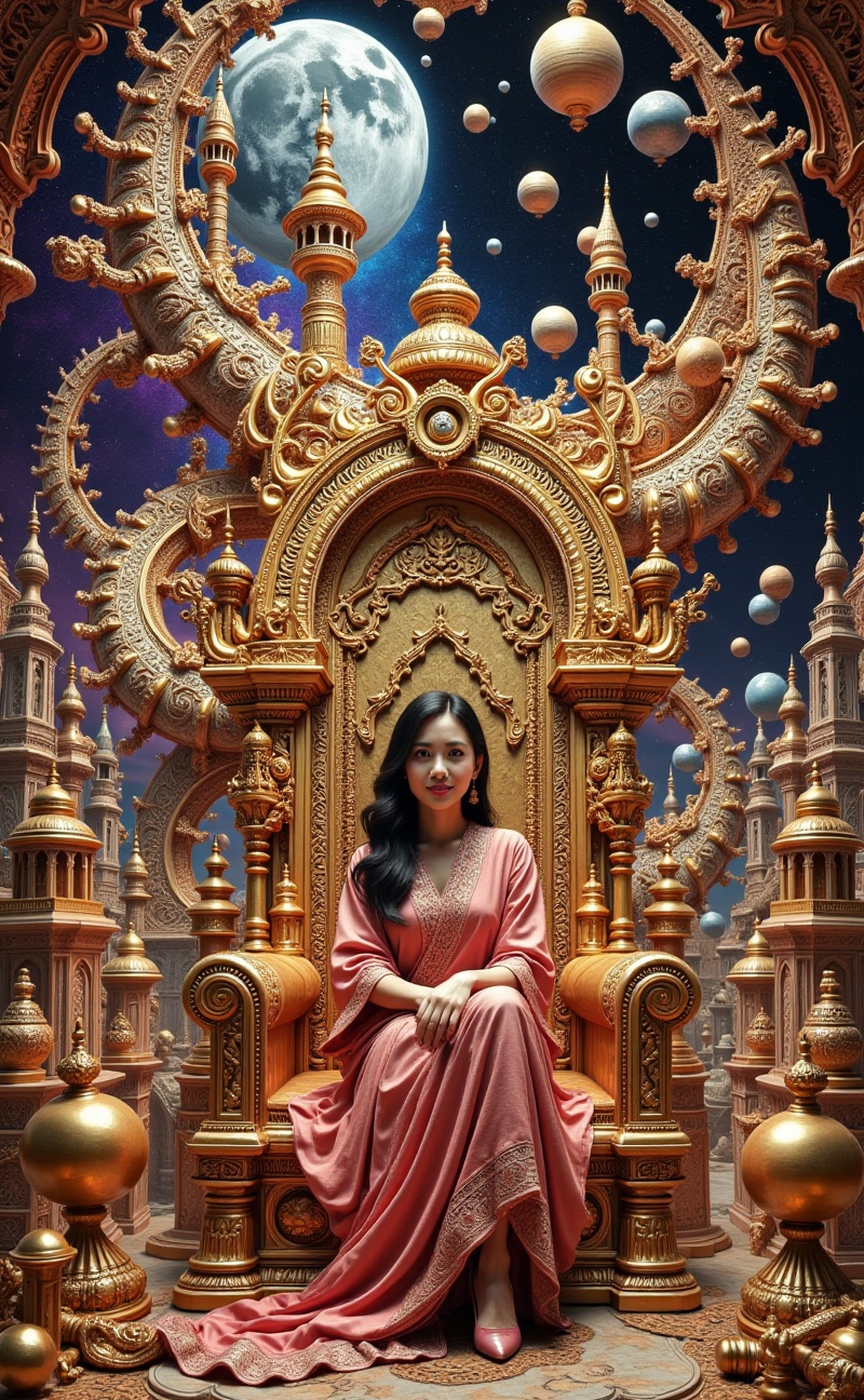 Beautiful Indonesian woman sitting in the scene majestic throne,  architecture choatic,  spiral golden ornamental on Tenso...