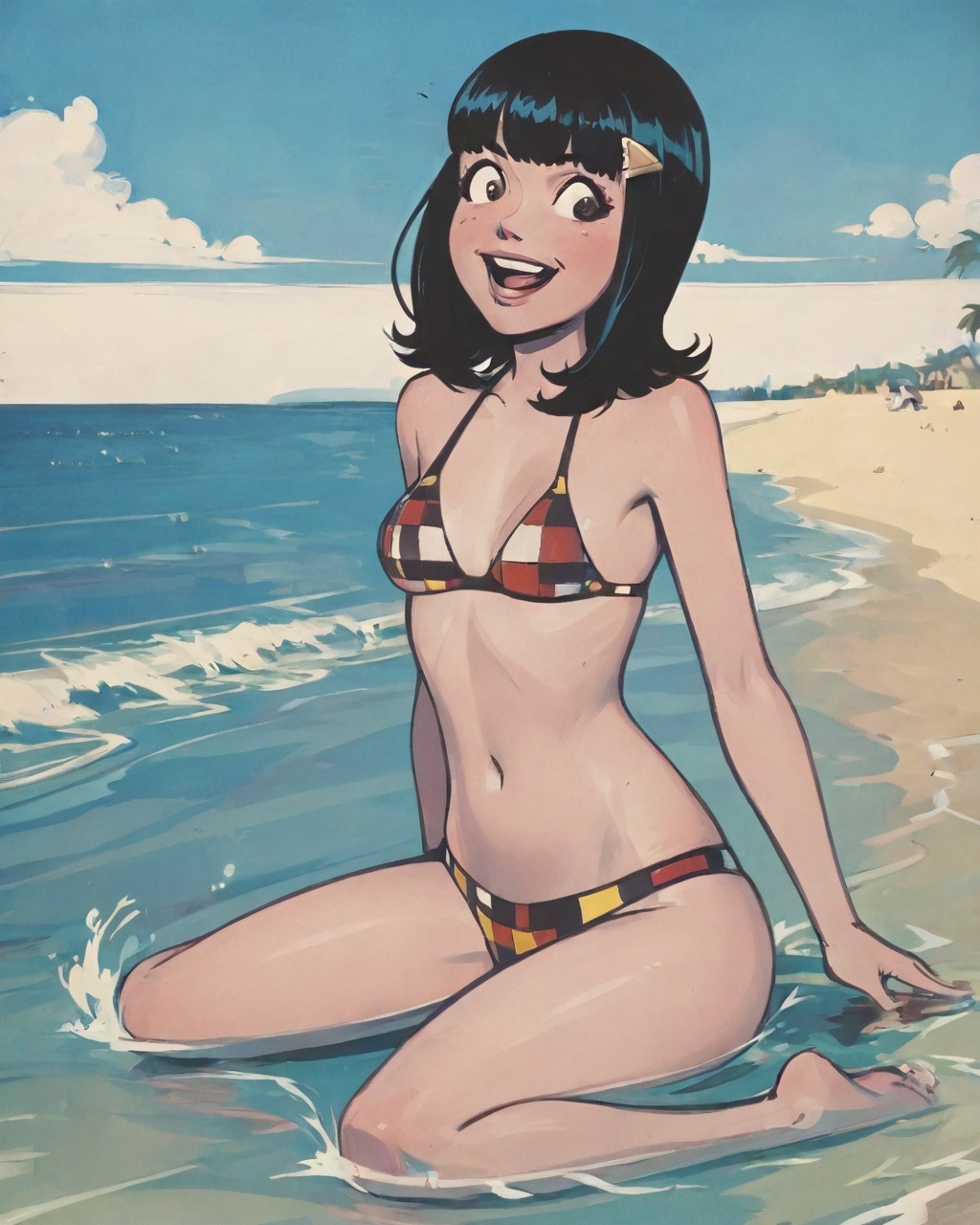 Create a vibrant scene featuring black hair Veronica in a stylish bikini,  set against the backdrop of a picturesque beach...