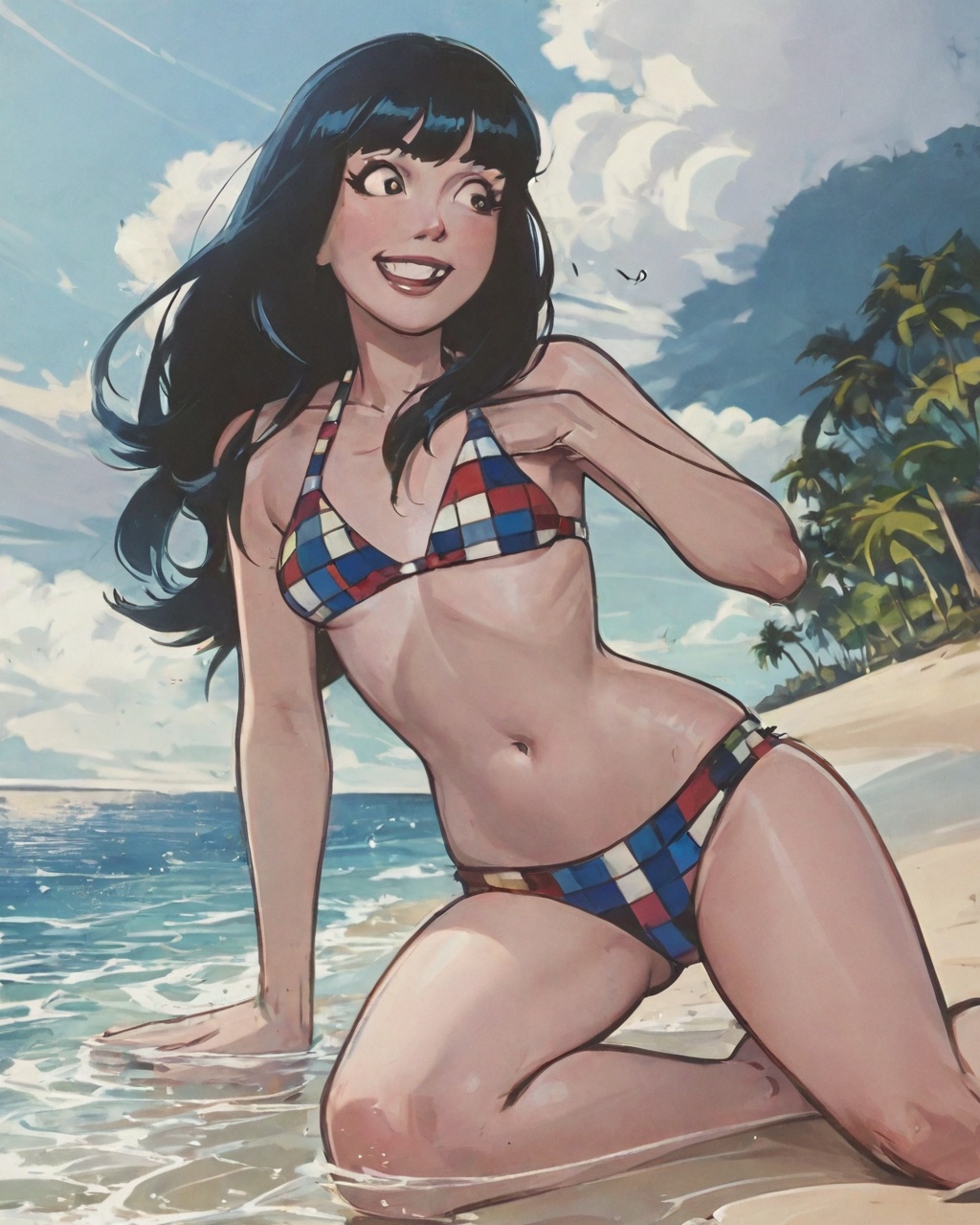 Create a vibrant scene featuring black hair Veronica in a stylish bikini,  set against the backdrop of a picturesque beach...