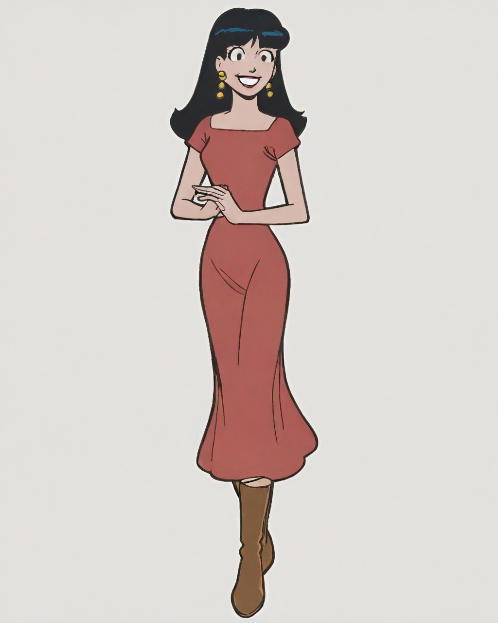 Create a portrait of Veronica,  a 1girl walking solo with a smile,  featuring long black hair and wearing a simple on Tens...