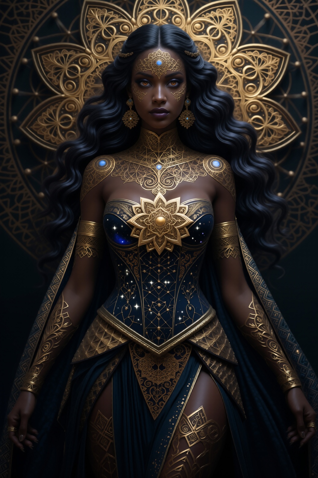 **Image Generation Prompt: "Sacred Geometry Enchantress – A Study in Patterns"** *A hyper-detailed 8K digital masterpiece...