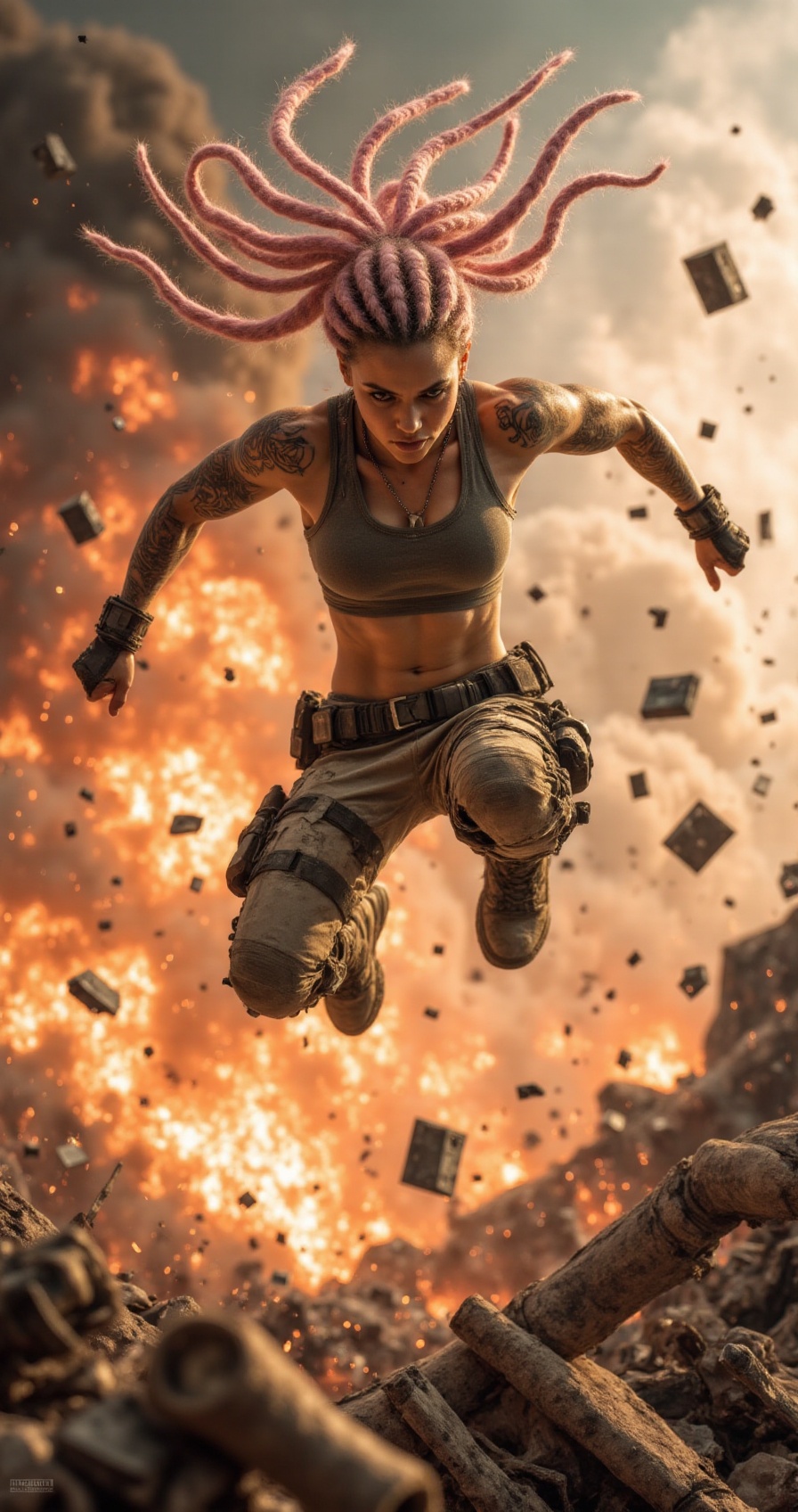firestorm-warrior-style,  ultra-realistic cinematic shot of a fierce female warrior leaping through a fiery explosion,  we...