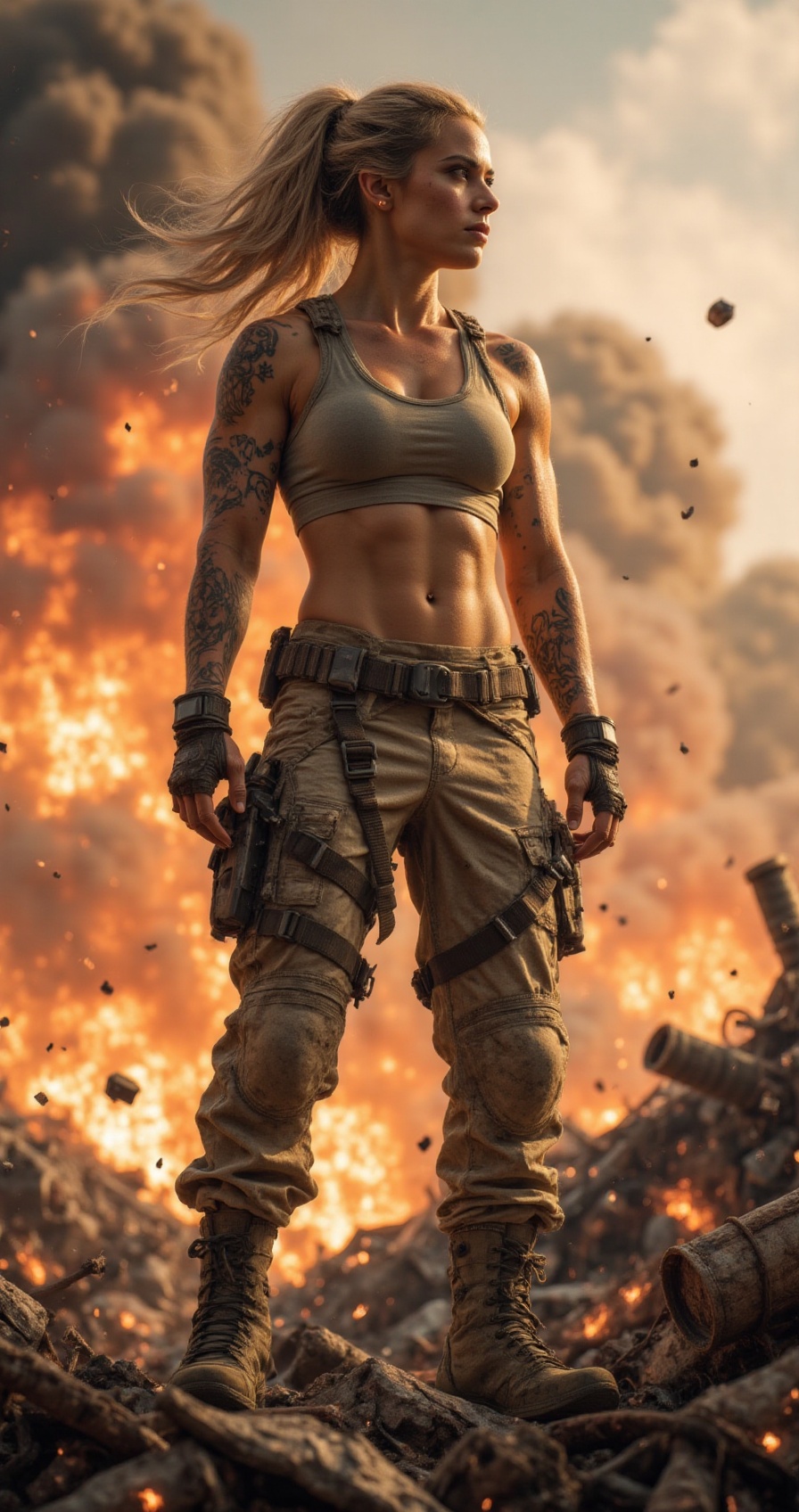 firestorm-warrior-style,  ultra-realistic cinematic portrait of a fierce lone warrior standing amid burning ruins,  muscul...