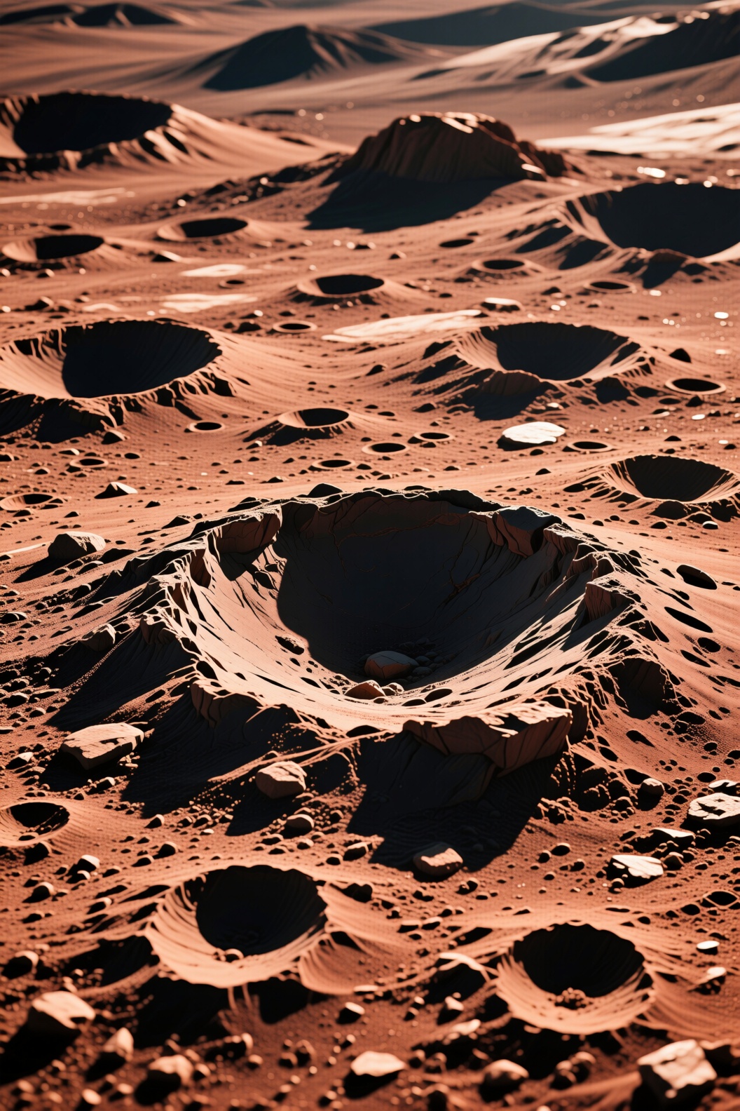The image depicts a barren,  rocky landscape with numerous crater-like depressions scattered across the surface. The terra...