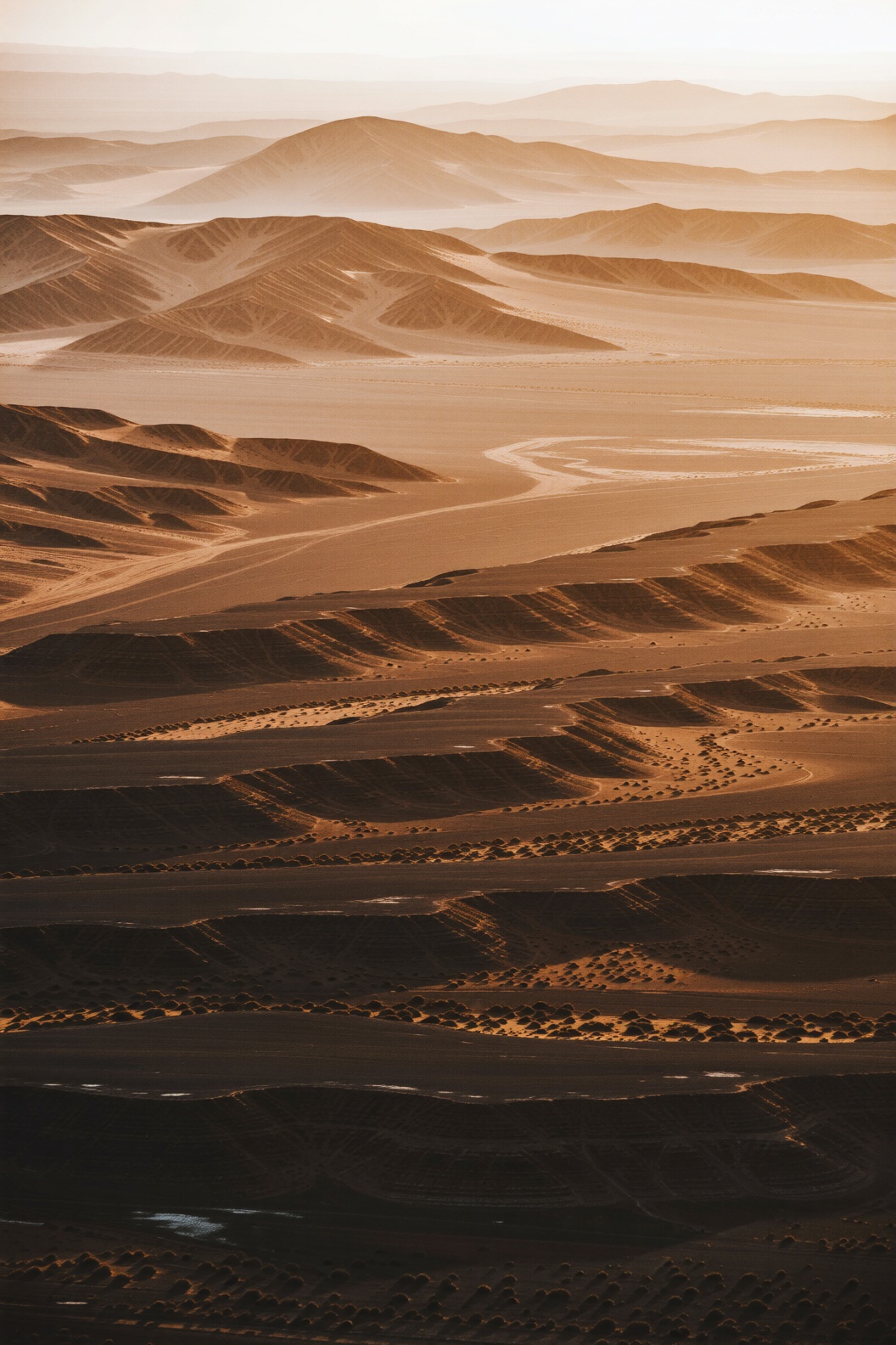 The image depicts a vast desert landscape with undulating sand dunes stretching into the distance. The foreground consists...