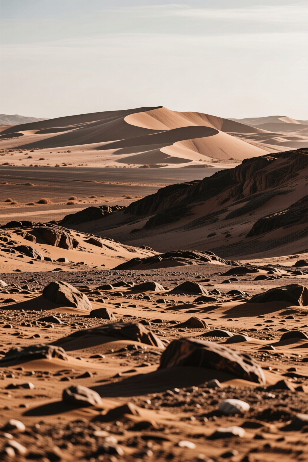 The image depicts a vast desert landscape with rolling sand dunes in the background and rocky terrain in the foreground. T...