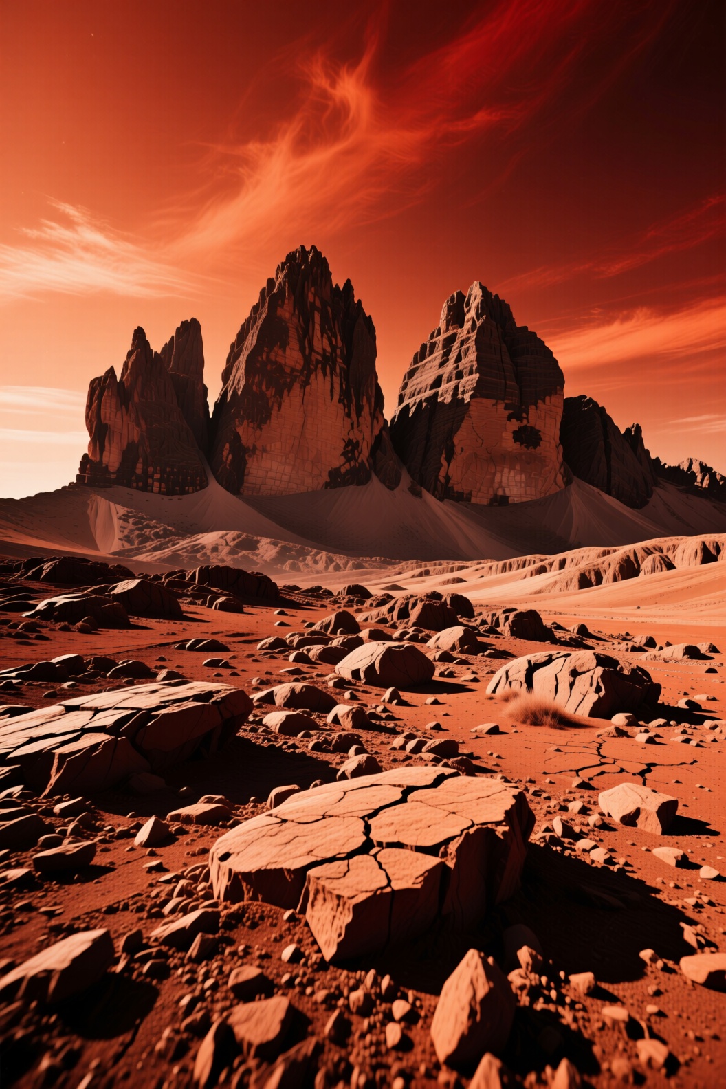 The image depicts a barren,  rocky landscape with a dramatic,  reddish-brown color palette. In the foreground on Tensor.Art