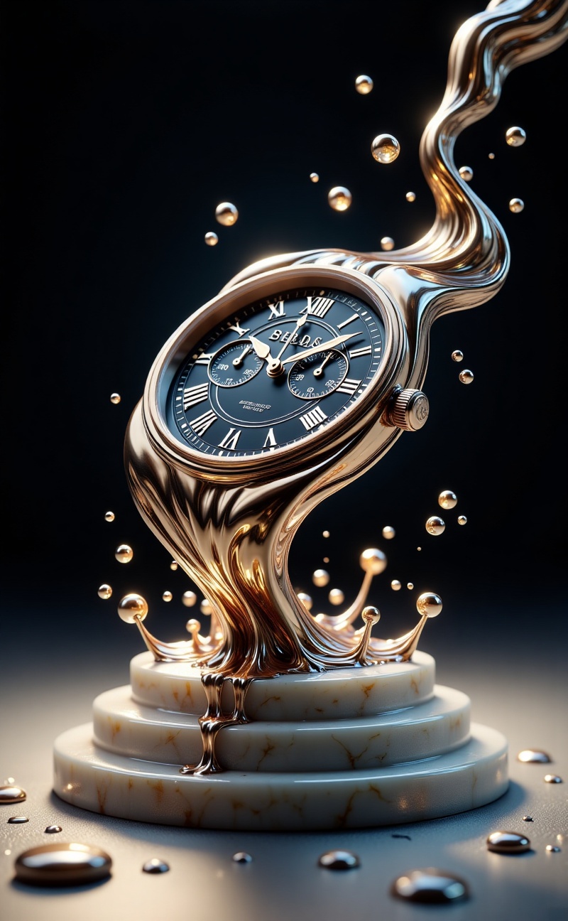 Meltcreaplay. Luxury wristwatch melting and bending like liquid metal. Smooth glossy surface dripping over marble pedestal...