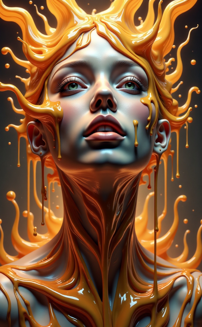 Meltcreaplay. Melting portrait of a human face. Smooth realistic skin dripping downward like wax. Soft golden light,  cine...