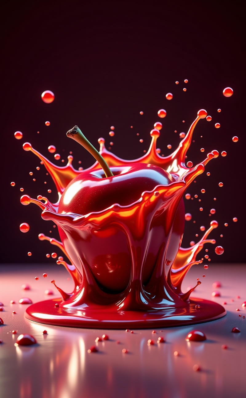 Meltcreaplay. Vibrant red apple melting into glossy liquid form on a reflective table. Smooth flowing texture,  realistic...