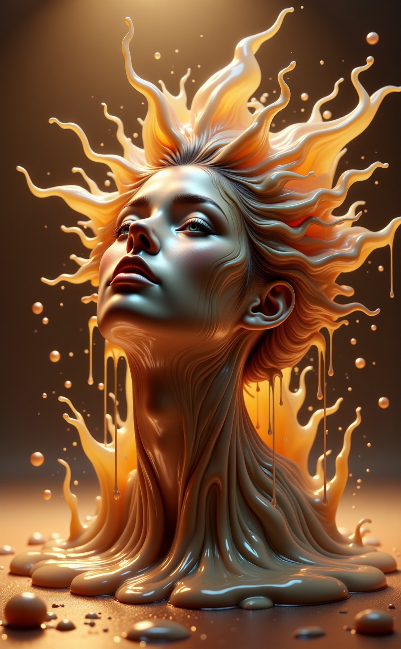 Meltcreaplay. Melting portrait of a human face. Smooth realistic skin dripping downward like wax. Soft golden light,  cine...