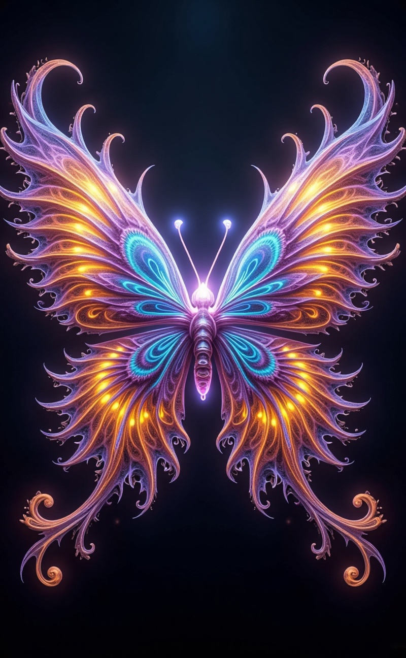 fractalcreaplay. Butterfly made of fractal wings expanding into infinity. Each wing composed of glowing recursive patterns...