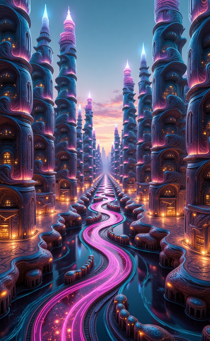 fractalcreaplay. Fractal futuristic city at dusk. Towers and streets built from repeating geometric fractal structures,  g...