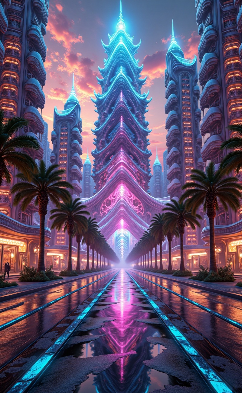 fractalcreaplay. Fractal futuristic city at dusk. Towers and streets built from repeating geometric fractal structures,  g...