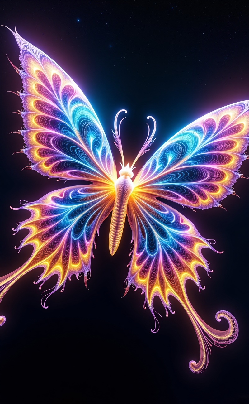 fractalcreaplay. Butterfly made of fractal wings expanding into infinity. Each wing composed of glowing recursive patterns...