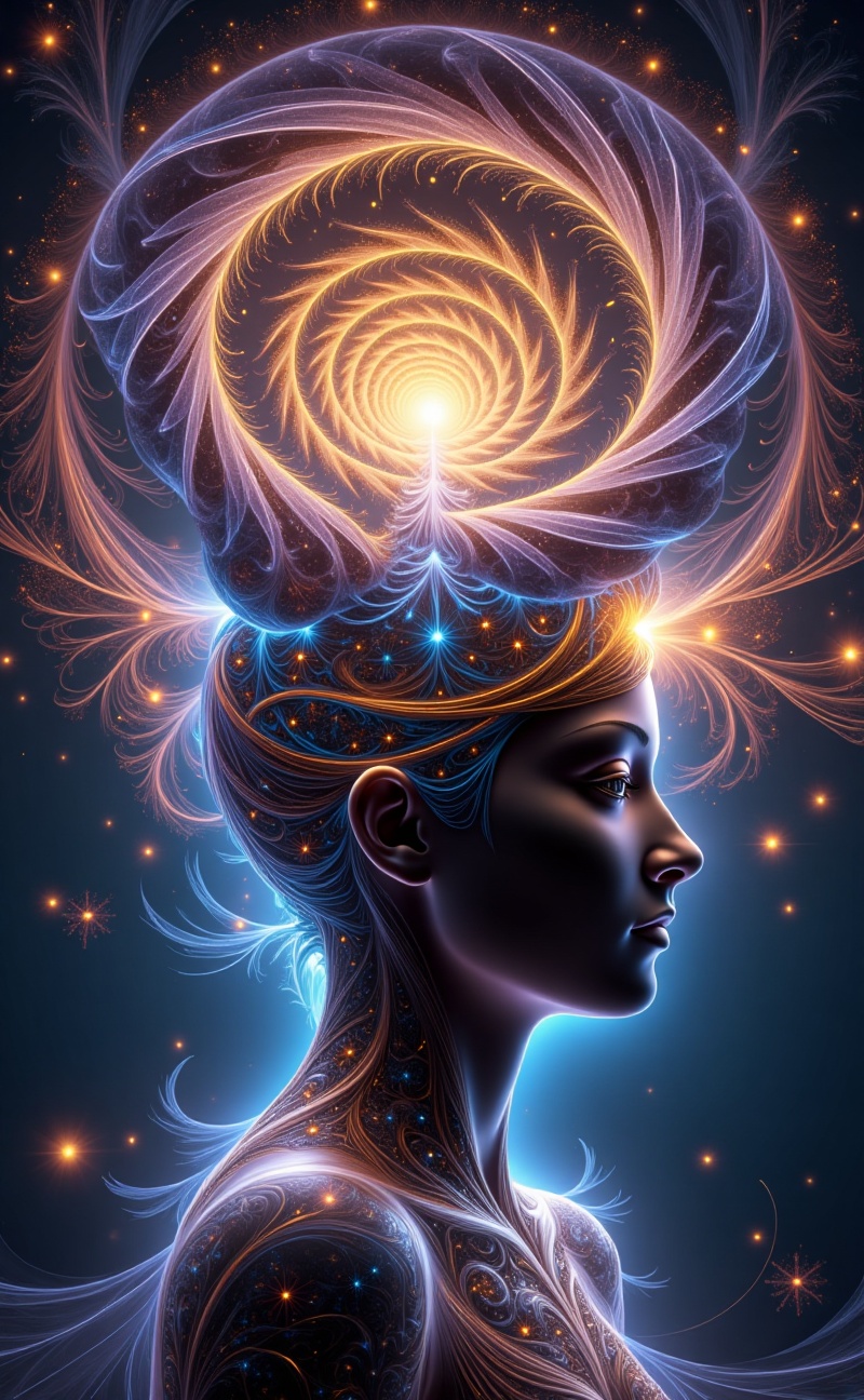 fractalcreaplay. Surreal human silhouette dissolving into fractal tunnels of light and color. Glowing recursive geometry e...