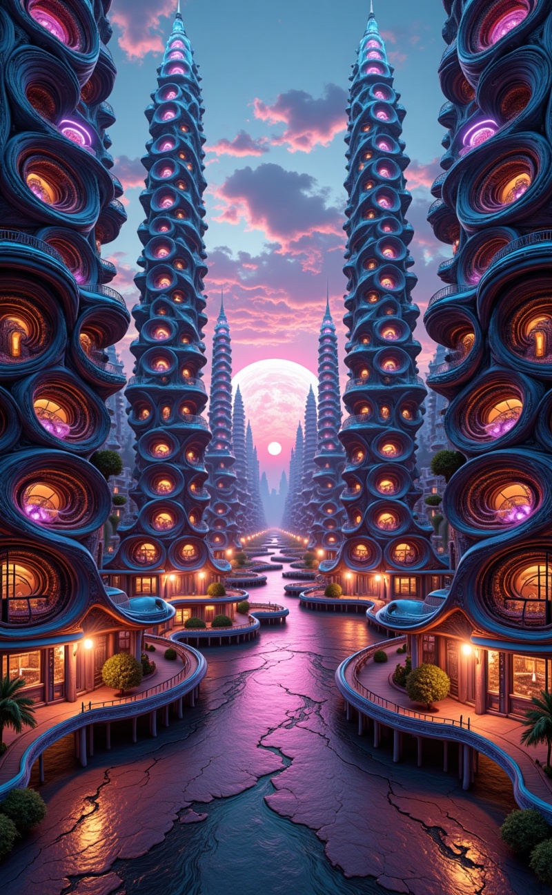 fractalcreaplay. Fractal futuristic city at dusk. Towers and streets built from repeating geometric fractal structures,  g...