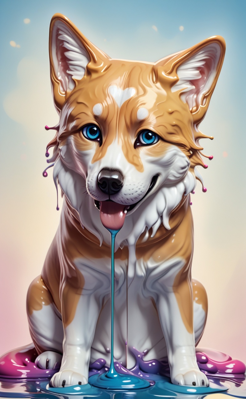 Meltcreaplay. Shiba Inu dog. Portrait of a Shiba Inu dog in a full body,  sitting pos. Portrait of a dog,  melting face an...