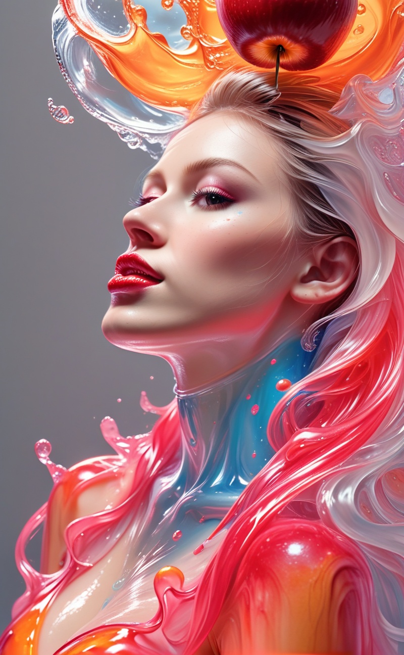 (((apple))). Vibrant red apple melting into glossy liquid form on a reflective table. Smooth flowing texture,  realistic l...