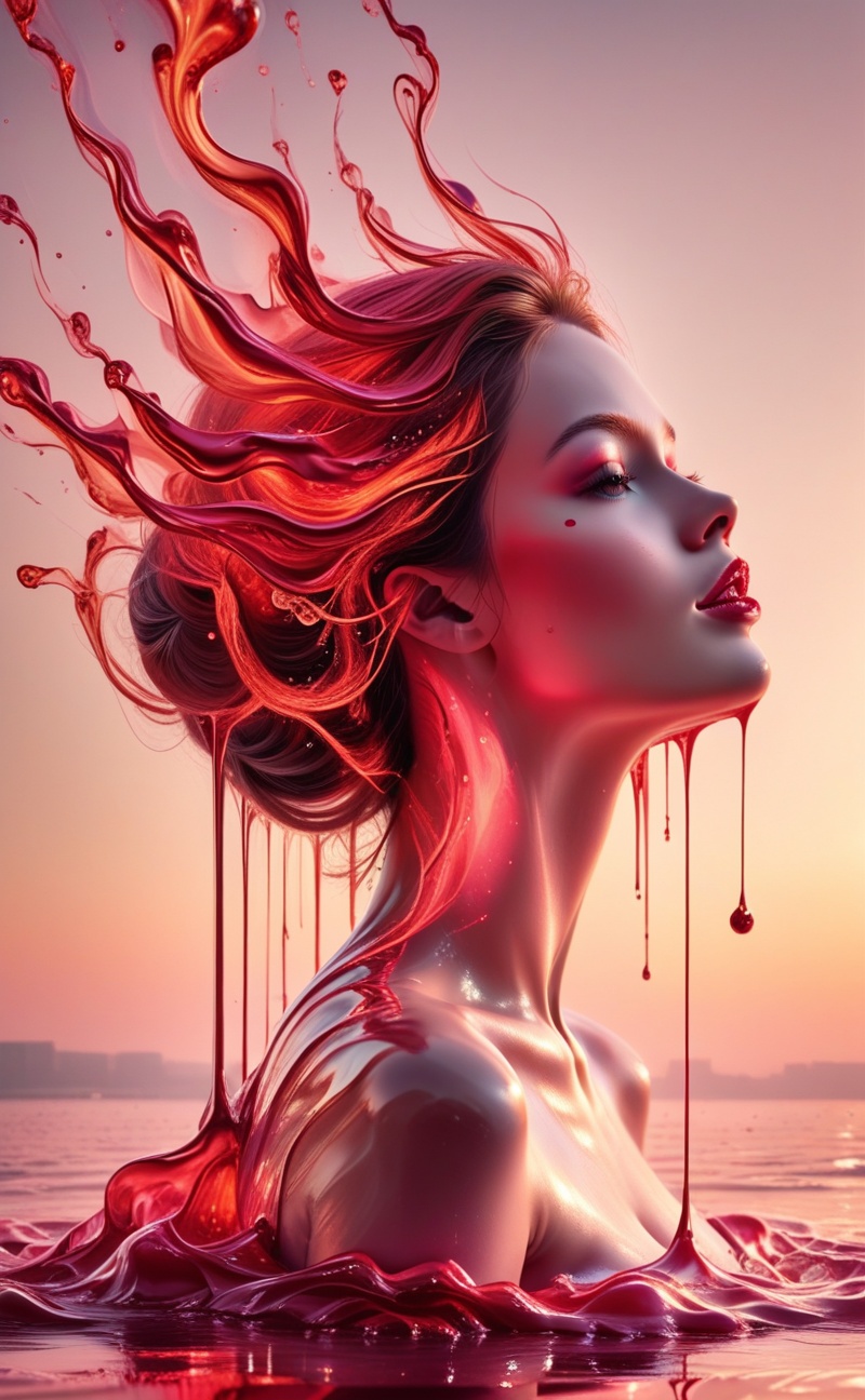 Vibrant red apple melting into glossy liquid form on a reflective table. Smooth flowing texture,  realistic lighting,  mac...
