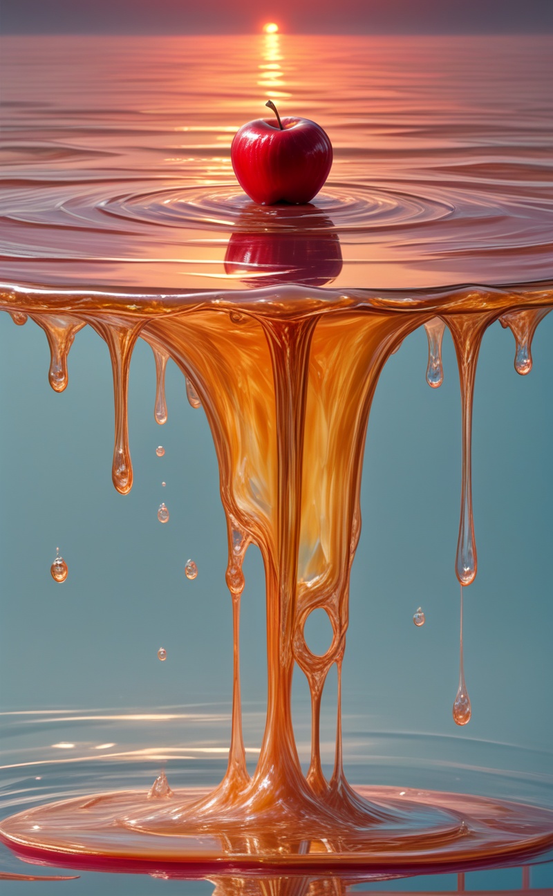 Meltcreaplay. Vibrant red apple melting into glossy liquid form on a reflective table. Smooth flowing texture,  realistic...