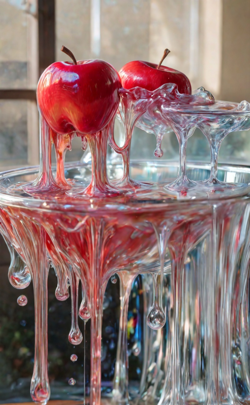 Meltcreaplay. Vibrant red apple melting into glossy liquid form on a reflective table. Smooth flowing texture,  realistic...
