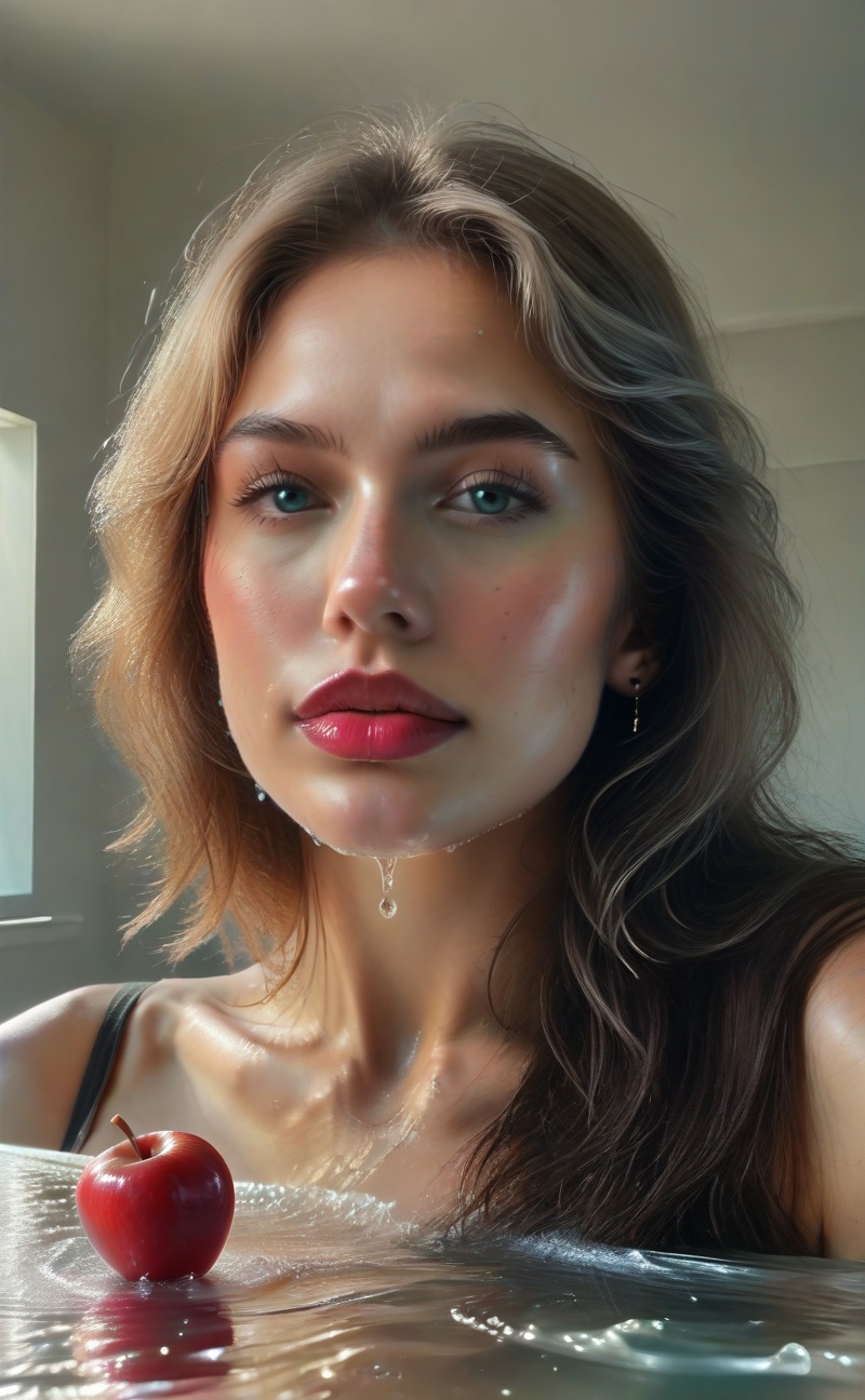 Meltcreaplay. Vibrant red apple melting into glossy liquid form on a reflective table. Smooth flowing texture,  realistic...