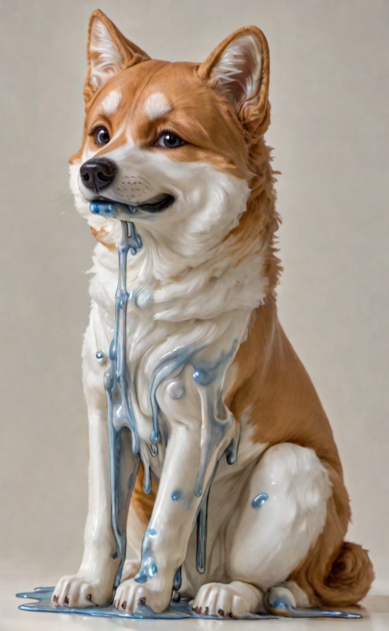 Meltcreaplay. Shiba Inu dog. Portrait of a Shiba Inu dog in a full body,  sitting pos. Portrait of a dog,  melting face an...