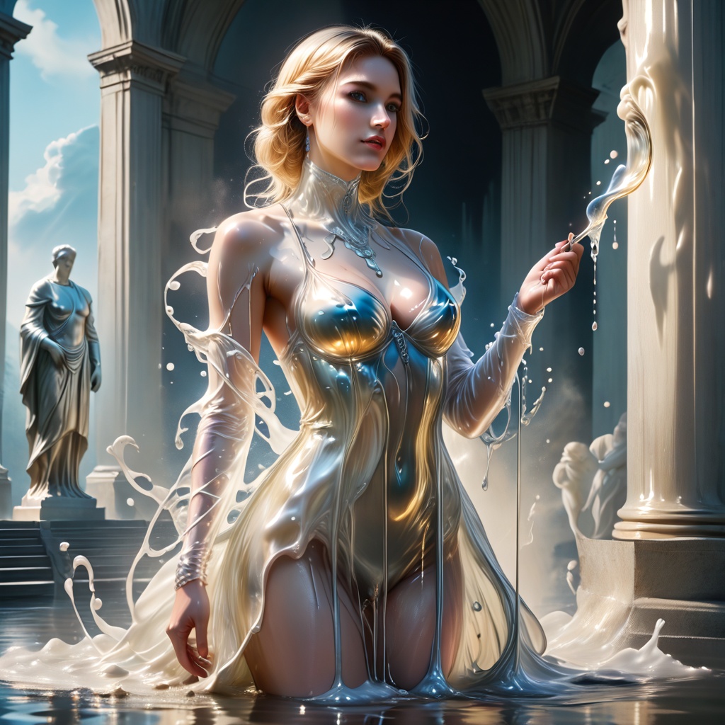 Human body full clothed,  full dressed melting into a statue,  liquid morphing effect on Tensor.Art