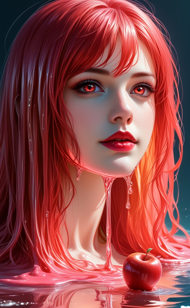 Meltcreaplay. Vibrant red apple melting into glossy liquid form on a reflective table. Smooth flowing texture,  realistic...