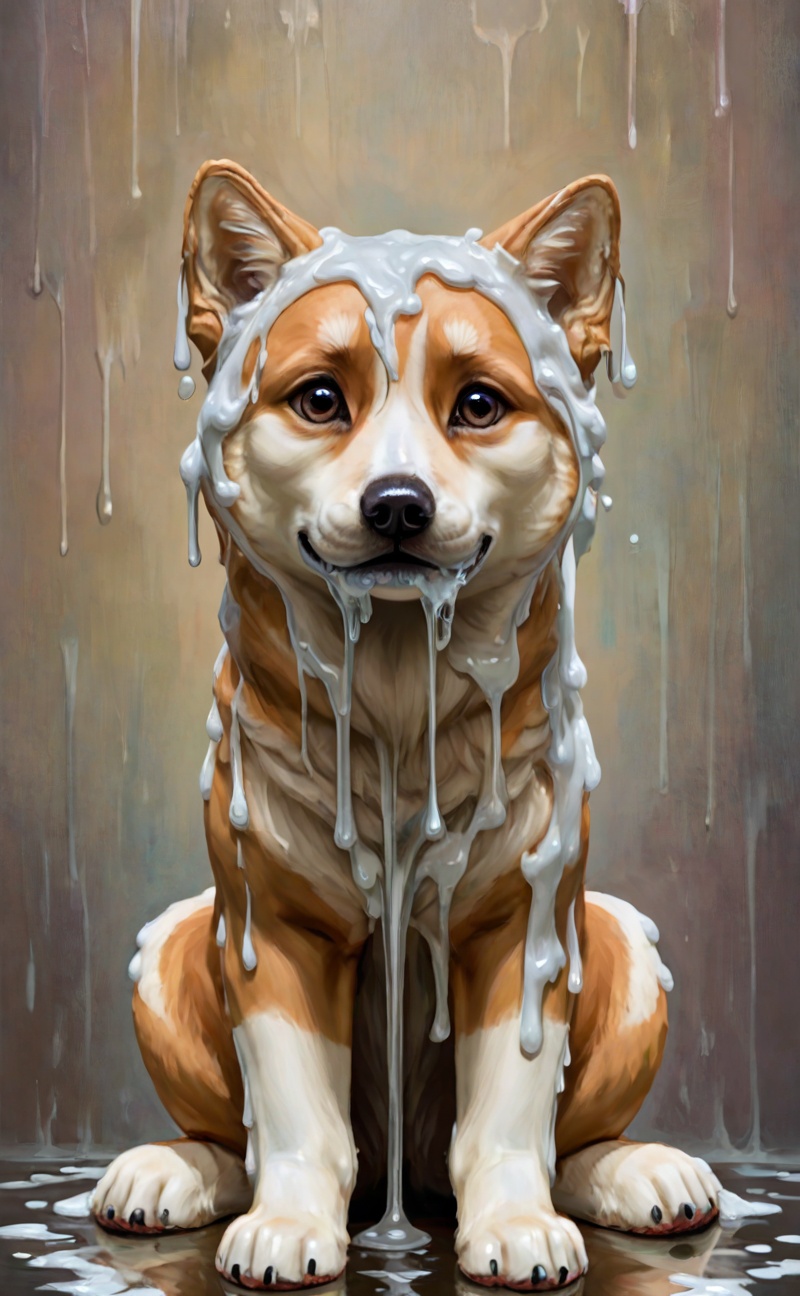 Meltcreaplay. Shiba Inu dog. Portrait of a Shiba Inu dog in a full body,  sitting pos. Portrait of a dog,  melting face an...