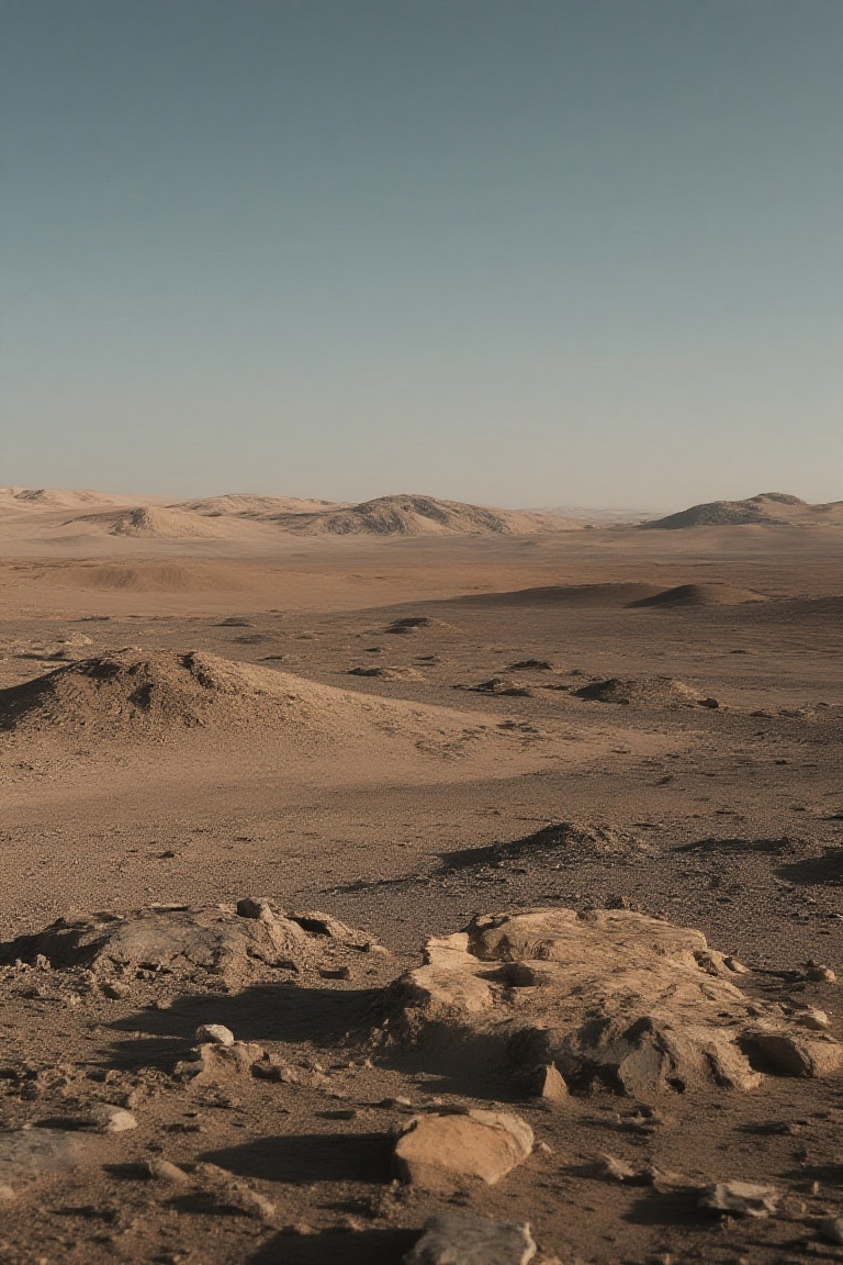 The image depicts a vast desert landscape with rolling sand dunes in the background and rocky terrain in the foreground. T...