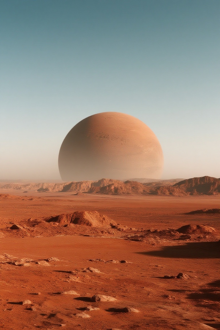 The image depicts a vast,  barren desert landscape with reddish-brown hues,  characteristic of a Martian-like environment....