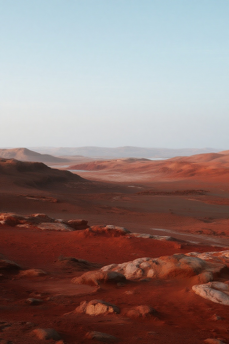 The image depicts a vast,  barren landscape with undulating hills and rocky terrain. The foreground features reddish-brown...