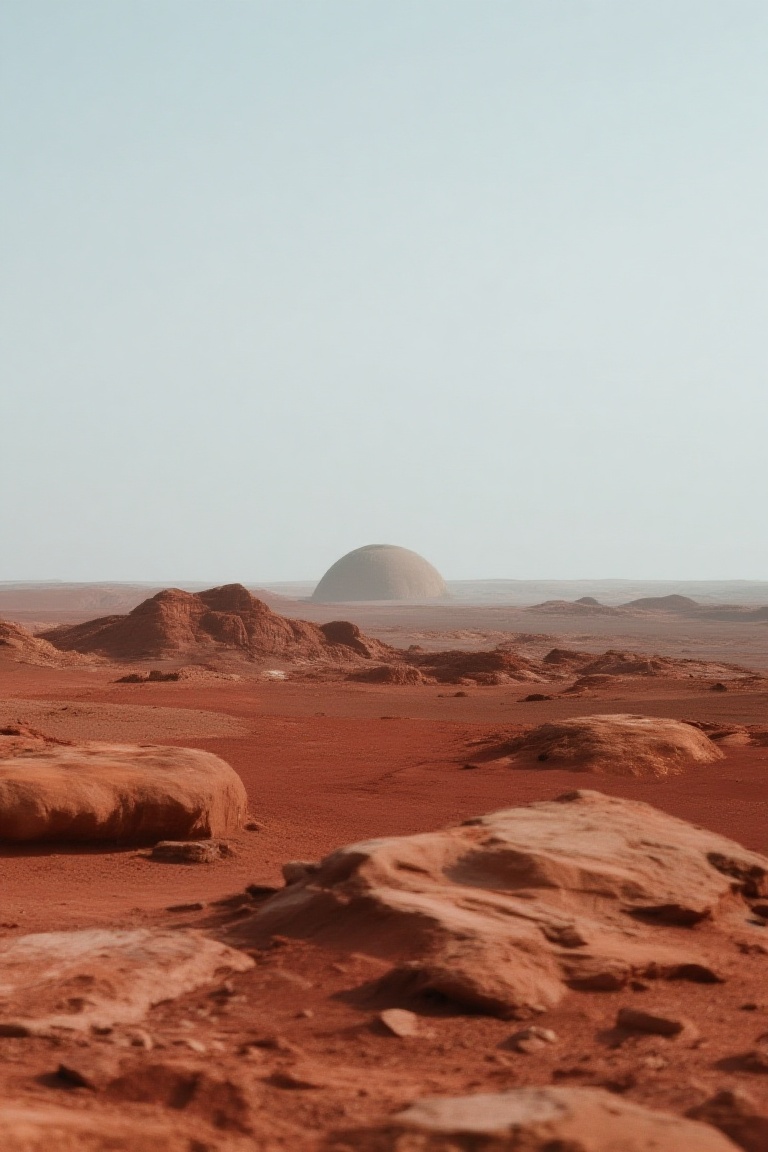The image depicts a vast,  barren desert landscape with reddish-brown hues,  suggesting a desert environment. In the foreg...