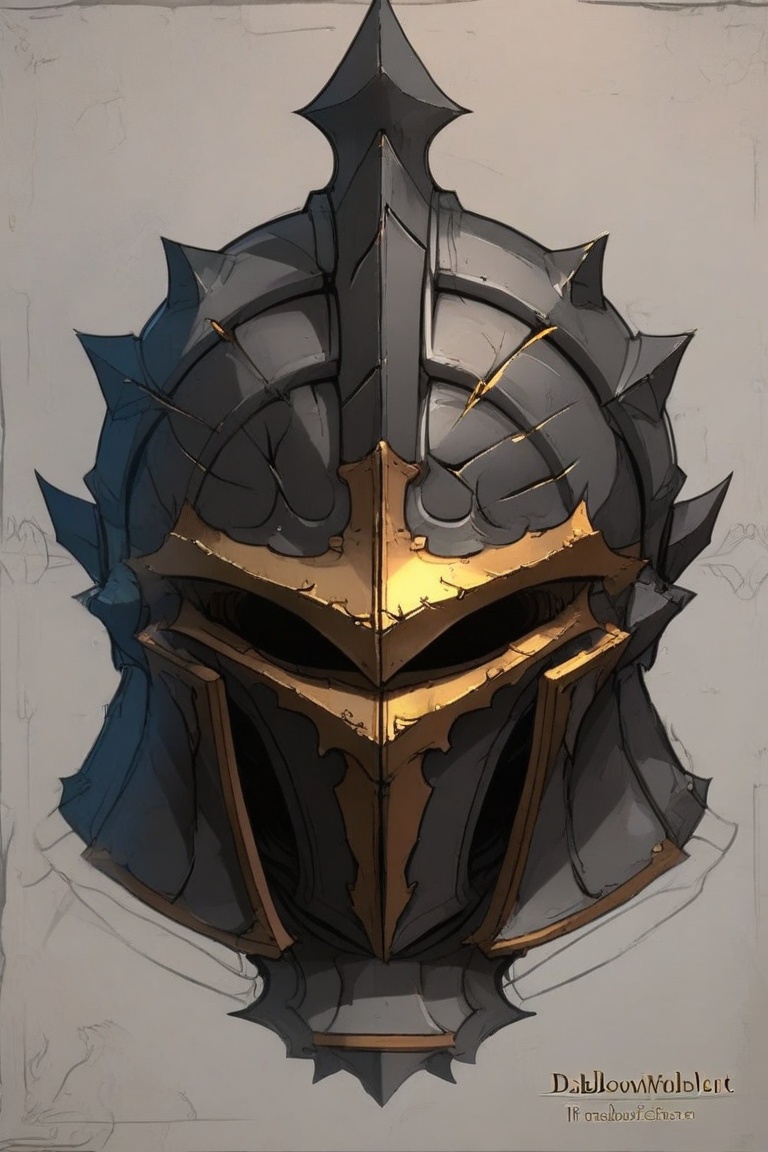 Battleworn steel helmet with cracked surface and gold lining,  diablo-style fantasy armor concept art,  battlewornhelmet o...