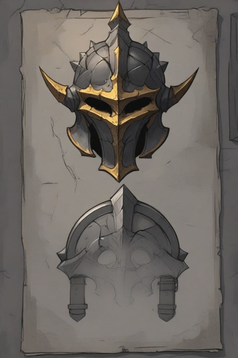 Battleworn steel helmet with cracked surface and gold lining,  diablo-style fantasy armor concept art,  battlewornhelmet o...