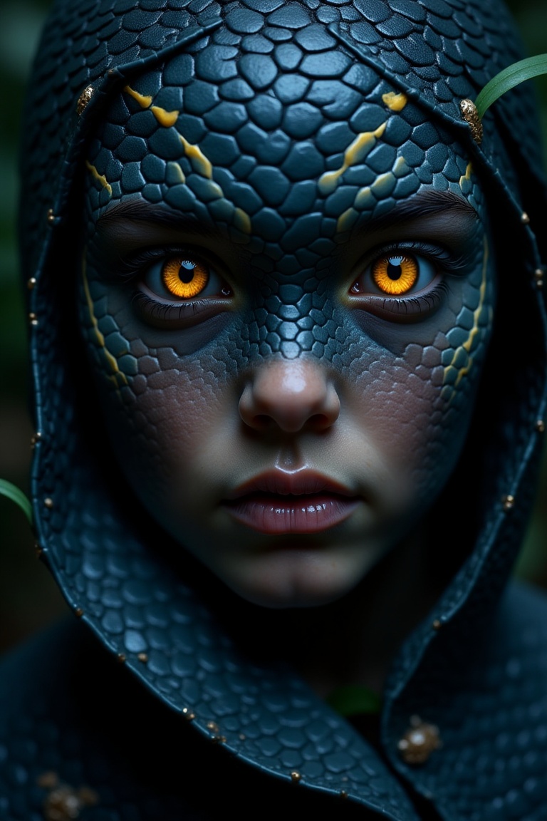 A close-up digital illustration of a girl mid-transformation into a snake,  her face covered in intricate snake skin with...