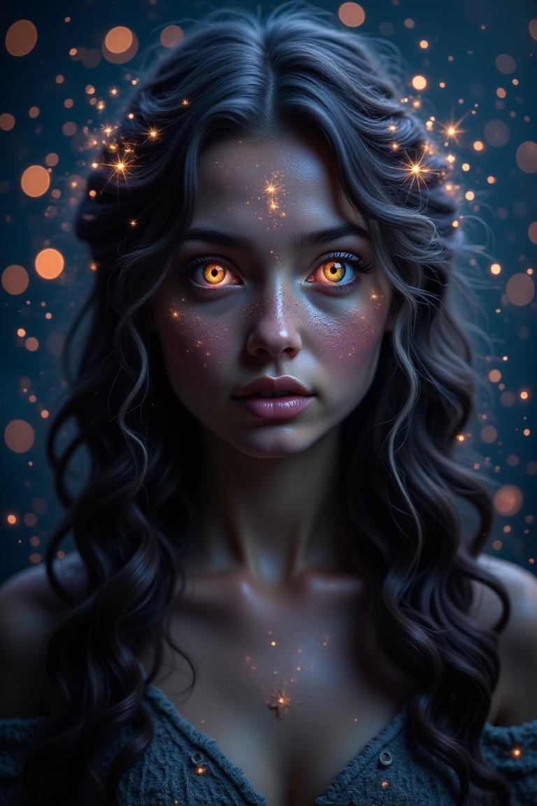 In the ghostly glow of magical lights,  she appeared — a mysterious maiden with a face woven of contradictions. Her long r...